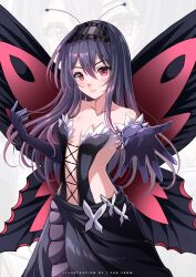 Rule 34 | 1girl, absurdres, accel world, bare shoulders, breasts, butterfly wings, cleavage, dress, elbow gloves, gloves, highres, insect wings, kuroyukihime, long hair, looking at viewer, pink hair, small breasts, smile, solo, strapless, strapless dress, wings, yenm