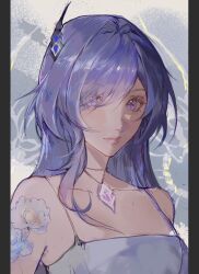 Rule 34 | 1girl, acheron (honkai: star rail), arm tattoo, bare shoulders, eyes visible through hair, flower tattoo, hair intakes, hair ornament, hairpin, highres, honkai: star rail, honkai (series), jewelry, light smile, looking at viewer, necklace, pink lips, purple eyes, purple hair, shirt, sumi (suumiko ), tattoo, upper body, white background, white shirt