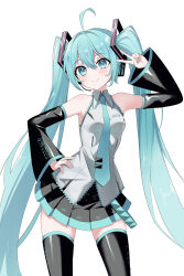 Rule 34 | 1girl, absurdres, ahoge, aqua eyes, aqua hair, aqua nails, aqua necktie, aqua trim, bare shoulders, between breasts, black headphones, black skirt, black sleeves, black thighhighs, breasts, closed mouth, collared shirt, commentary request, contrapposto, cowboy shot, detached sleeves, frilled shirt, frilled shirt collar, frills, grey shirt, hair between eyes, hair intakes, hair ornament, hand on own hip, hand up, hatsune miku, headphones, headset, highres, long hair, long sleeves, looking at viewer, miniskirt, necktie, necktie between breasts, pleated skirt, procrastinator39, shirt, simple background, skindentation, skirt, sleeveless, sleeveless shirt, small breasts, smile, solo, standing, thighhighs, twintails, v, very long hair, vocaloid, white background