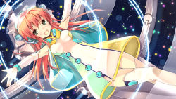 Rule 34 | 1girl, aqua eyes, arms up, blush, breasts, covered navel, detached sleeves, dutch angle, long hair, looking at viewer, open mouth, orange hair, original, outstretched arms, refeia, solo, space, spread arms, standing, star (sky), thighhighs, tongue, white thighhighs