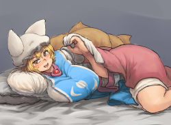 Rule 34 | 1girl, animal hat, bed sheet, blonde hair, blush, breasts, chanta (ayatakaoisii), come hither, dress, fox tail, hat, head on arm, huge breasts, long sleeves, looking at viewer, lying, mob cap, multiple tails, on side, open mouth, pillow, mob cap, plump, short hair, solo, tabard, tail, touhou, yakumo ran