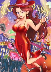 Rule 34 | 1girl, ;), arm up, bangle, blue eyes, bracelet, breasts, brown hair, building, city, cleavage, crowd, donkey kong, donkey kong (series), dress, earrings, eyeshadow, fireworks, full body, full moon, hat, high heels, highres, jewelry, large breasts, leg up, legs, lipstick, long hair, makeup, mario (series), microphone, microphone stand, moon, nail polish, night, nintendo, one eye closed, pauline (mario), red carpet, red dress, red lips, red nails, sideboob, sky, smile, solo, super mario odyssey, ur (wulfa), wink