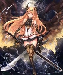Rule 34 | &gt;:), 10s, 1girl, angel wings, bare shoulders, black footwear, black gloves, black skirt, black thighhighs, black wings, blonde hair, boots, breasts, commentary request, controller, dark angel olivia, dress, dual wielding, elbow gloves, fallen angel, full body, gloves, gluteal fold, golden wings, gradient wings, granblue fantasy, hair ornament, highres, holding, horns, knee boots, long hair, looking at viewer, medium breasts, microskirt, multicolored wings, pleated skirt, red eyes, shingeki no bahamut, short dress, skirt, smile, solo, sword, thighhighs, unsheathed, untue, v-shaped eyebrows, very long hair, water, weapon, white dress, wings, zettai ryouiki