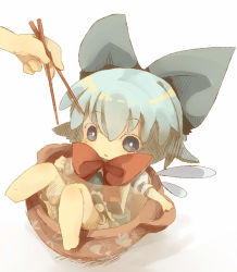 Rule 34 | 1girl, :&lt;, bad id, bad pixiv id, barefoot, blue eyes, blue hair, bow, chibi, chopsticks, cirno, cup, dress, hair bow, in container, in cup, masirosu, matching hair/eyes, mini person, minigirl, short hair, solo, touhou, wings