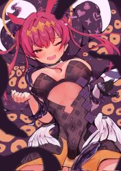 Rule 34 | 1girl, animal ears, bare shoulders, black gloves, breasts, choker, cleavage, cosplay, covered navel, cutout above navel, detached sleeves, diamond hairband, dress, fur-trimmed choker, fur trim, gloves, hairband, heterochromia, highres, hololive, hololive english, houshou marine, imazakey, medium breasts, naughty face, ninomae ina&#039;nis, ninomae ina&#039;nis (1st costume), ninomae ina&#039;nis (cosplay), open mouth, red eyes, red hair, restrained, single detached sleeve, single glove, smile, solo, strapless, strapless dress, tentacle hair, tentacles, tube dress, twintails, virtual youtuber, yellow eyes