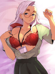 Rule 34 | 1girl, blue eyes, blush, bra, breasts, cleavage, collarbone, commentary, dress shirt, english commentary, glasses, highres, june (squeezable), large breasts, lingerie, long hair, mole, mole on breast, mole under eye, open clothes, open shirt, original, partially unbuttoned, red bra, round eyewear, shirt, skirt, solo, squeezable (squeezabledraws), thick eyebrows, unbuttoned, unbuttoned shirt, underwear, white hair, white nails, yellow-framed eyewear