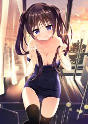 Rule 34 | 1girl, :p, bare shoulders, black thighhighs, blue eyes, blue one-piece swimsuit, blush, breasts, brown hair, cameltoe, cleavage, closed mouth, clothes pull, cloud, collarbone, commentary request, desk, hair censor, head tilt, highres, holding, holding own hair, long hair, looking at viewer, medium breasts, nagayama yuunon, old school swimsuit, on desk, one-piece swimsuit, one-piece swimsuit pull, original, school desk, school swimsuit, sitting, sky, smile, solo, sunset, swimsuit, thighhighs, tongue, tongue out, twintails, yellow sky