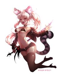 Rule 34 | 10s, 1girl, animal ear fluff, animal ears, armpits, bikini, bikini top only, black thighhighs, blade &amp; soul, blonde hair, breasts, cat ears, cat tail, cleavage, cropped jacket, high heels, jacket, jewelry, jumping, korean text, leather, leather jacket, long hair, lowleg, lowleg shorts, lyn (blade &amp; soul), navel, necklace, off shoulder, open mouth, outstretched arms, ponytail, red eyes, shoes, short shorts, shorts, simple background, smd (dsuz5554), solo, swimsuit, sword, tail, thighhighs, thighs, tiger ears, tiger tail, very long hair, weapon, white background