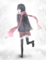 Rule 34 | 1girl, black hair, black thighhighs, brown eyes, highres, inushi, long hair, original, outdoors, red scarf, red skirt, scarf, skirt, snow, solo, thighhighs