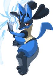 Rule 34 | 1boy, animal ears, animal hands, arms up, aura, closed mouth, creatures (company), fighting stance, from above, full body, furry, furry male, game freak, gen 4 pokemon, highres, ikei, jpeg artifacts, legs apart, lucario, male focus, nintendo, pokemon, pokemon (creature), red eyes, simple background, solo, spikes, standing, tail, white background, wolf boy, wolf ears, wolf tail