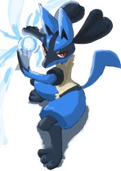 1boy animal_ears animal_hands arms_up aura closed_mouth creatures_(company) fighting_stance from_above full_body furry furry_male game_freak gen_4_pokemon highres ikei jpeg_artifacts legs_apart lucario male_focus nintendo pokemon pokemon_(creature) red_eyes simple_background solo spikes standing tail white_background wolf_boy wolf_ears wolf_tail