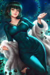 Rule 34 | 1girl, breasts, coat, collarbone, collared dress, covered navel, curvy, dress, fingernails, fubuki (one-punch man), fur coat, green dress, green eyes, green hair, high collar, jewelry, large breasts, leg up, long fingernails, looking at viewer, nail polish, narrow waist, necklace, neoartcore, one-punch man, outdoors, parted lips, realistic, short hair, smile, solo, standing, telekinesis, wide hips
