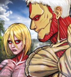 Rule 34 | 1boy, 1girl, armored titan, blank stare, breast envy, breasts, female titan, from side, girl staring at guys chest (meme), highres, large pectorals, looking at another, looking at pectorals, looking down, medium breasts, meme, muscle envy, muscular, muscular male, panicawa, pectorals, shingeki no kyojin, short hair, titan (shingeki no kyojin)