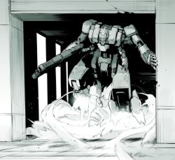 Rule 34 | extra arms, flying, greyscale, gun, hallway, highres, holding, holding gun, holding weapon, ishiyumi, looking ahead, mecha, monochrome, one-eyed, open hand, original, robot, smoke, solo, weapon