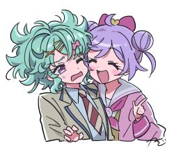 Rule 34 | 2girls, ahoge, blush, bow, brown jacket, cheek-to-cheek, collared shirt, cropped torso, double bun, facing another, frown, green hair, hair bow, hair bun, hair ornament, hairclip, hand up, heads together, idol land pripara, index finger raised, jacket, katasumi amari, long sleeves, looking at another, manaka laala, messy hair, multiple girls, neckerchief, necktie, one eye closed, open mouth, paprika private academy school uniform, pink bow, pink jacket, pink neckerchief, pretty series, pripara, purple hair, rituyama1, sailor collar, school uniform, shirt, short hair, signature, simple background, smile, striped necktie, upper body, white background, white sailor collar, white shirt, x hair ornament