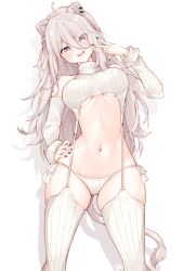 Rule 34 | 1girl, ahoge, animal ears, detached sleeves, ear piercing, grey eyes, grey hair, hair between eyes, highres, hololive, lion ears, lion girl, lion tail, long hair, looking at viewer, ma draws, meme attire, navel, open mouth, panties, piercing, ribbed sweater, ribbed thighhighs, shishiro botan, side-tie panties, simple background, smile, solo, sweater, tail, underwear, virgin destroyer sweater, virtual youtuber, white background, white panties
