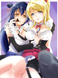Rule 34 | 2girls, apron, ayase eli, blonde hair, blue eyes, blue hair, box, candy, chocolate, chocolate heart, commentary request, detached sleeves, earrings, food, gift, gift box, hair ribbon, heart, highres, holding, holding box, holding gift, jewelry, long hair, looking at viewer, love live!, love live! school idol project, maid, maid apron, maid headdress, mogyutto &quot;love&quot; de sekkin chuu!, multiple girls, ponytail, ribbon, smile, sonoda umi, swept bangs, urutsu sahari, valentine, yellow eyes, yuri