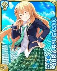 Rule 34 | 1girl, blonde hair, card (medium), chainlink fence, character name, closed mouth, cut out, day, dress, earrings, closed eyes, girlfriend (kari), green dress, green neckwear, hand on own hip, jewelry, necktie, official art, outdoors, plaid, plaid dress, qp:flapper, red eyes, ryugasaki juria, school uniform, shirt, smile, standing, tagme, white shirt