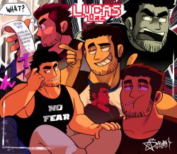 Rule 34 | 1boy, absurdres, angry, bara, beard stubble, black hair, black tank top, character name, dawn drawns, eating, english text, expressions, facial hair, feet out of frame, frown, highres, huge eyebrows, large pectorals, lucas lee, male focus, multiple views, muscular, muscular male, number tattoo, pectorals, pointing, pointing forward, reading, scott pilgrim (series), scott pilgrim takes off, shirt, short hair, short sleeves, sidepec, sideways mouth, smile, spanish text, stubble, t-shirt, tank top, tattoo, tight clothes, tight shirt, toon (style), translated