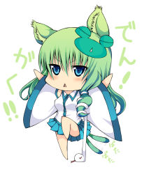 Rule 34 | 1girl, :&lt;, animal ears, blue eyes, blush, cat ears, cat girl, cat tail, chibi, daive, detached sleeves, female focus, frog, green hair, hair ornament, kemonomimi mode, kochiya sanae, open mouth, simple background, snake, solo, tail, touhou