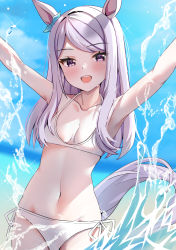 Rule 34 | 1girl, absurdres, alternate costume, armpits, arms up, bikini, blurry, blurry background, breasts, cleavage, collarbone, highres, horse girl, long hair, looking at viewer, mejiro mcqueen (umamusume), outdoors, purple eyes, purple hair, rei (ilust9999), revision, sky, small breasts, solo, swimsuit, umamusume, water, white bikini