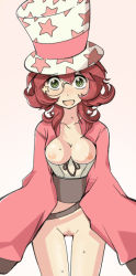 Rule 34 | 1girl, blush, breasts, colored pubic hair, commentary request, cowboy shot, curly hair, female pubic hair, glasses, green eyes, hat, henyaan (oreizm), jacket, lingerie, looking at viewer, medium breasts, nipples, open mouth, phantom thief anniversary, pink background, pink jacket, pubic hair, ragnarok online, red hair, round eyewear, short hair, simple background, solo, star (symbol), star print, top hat, underwear, white hat