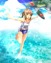 Rule 34 | 10s, 1girl, :d, aircraft, airplane, barefoot, brown hair, cloud, day, evandragon, highres, i-401 (kancolle), kantai collection, ocean, open mouth, outstretched arms, running, school swimsuit, sea spray, smile, solo, splashing, spread arms, swimsuit, water