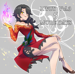 Rule 34 | 1girl, anklet, black hair, cinder fall, countdown, dress, english text, eyeshadow, fire, fireball, hair over one eye, highres, iesupa, jewelry, makeup, one eye covered, rwby, side slit, smile, solo, yellow eyes