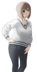 Rule 34 | 1girl, bespectacled, black pants, brown eyes, brown hair, casual, closed mouth, commentary request, cowboy shot, girls und panzer, glasses, hand on own hip, highres, long sleeves, looking at viewer, nishizumi maho, pants, rimless eyewear, saitou gabio, shirt, short hair, simple background, smile, solo, standing, v-neck, white background, white shirt