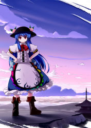 Rule 34 | 1girl, architecture, blue hair, boots, cloud, east asian architecture, female focus, food, fruit, hat, highres, hinanawi tenshi, long hair, peach, red eyes, sky, solo, touhou, tsubasa (abchipika)