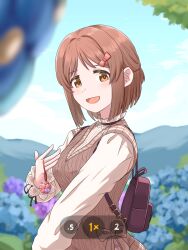 1girl aran_sweater backpack bag blouse blue_flower blurry blurry_foreground blush bob_cut brown_eyes brown_hair cable_knit cal_(onecmcubed) charm_(object) clear_sky cloud eyelashes field flower flower_field frilled_sleeves frills hagiwara_yukiho hair_behind_ear hair_ribbon highres idolmaster idolmaster_million_live! idolmaster_million_live!_theater_days mountain official_alternate_hairstyle parted_bangs plaid_clothes plaid_skirt private_dress_(idolmaster_million_live!) purple_flower red_flower ribbon shirt skirt sky smile solo sweater sweater_vest tareme thick_eyelashes tree viewfinder wrist_ribbon