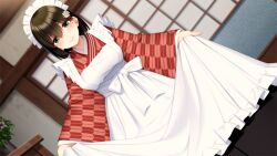 Rule 34 | 1girl, black hair, blush, breasts, closed mouth, dutch angle, eyebrows hidden by hair, female focus, frills, game cg, go-1, green eyes, hair between eyes, highres, homemaid sweet pea, indoors, japanese clothes, kimono, large breasts, lifted by self, light blush, looking at viewer, maid, maid headdress, mole, mole under eye, original, shiragiku (homemaid sweet pea), short hair, smile, solo, standing, wide sleeves