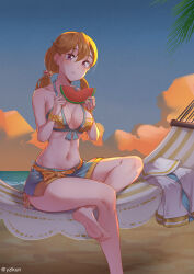 Rule 34 | 1girl, absurdres, alternate hairstyle, bare shoulders, barefoot, beach, bikini, blush, breasts, cleavage, closed mouth, cloud, collarbone, commentary request, eating, feet, food, foot out of frame, front-tie top, fruit, gradient sky, hair between eyes, hair ornament, hammock, highres, holding, holding food, holding fruit, holding watermelon, legs, long hair, looking at viewer, love live!, love live! superstar!!, low twintails, medium breasts, navel, ocean, orange bikini, orange hair, orange sky, outdoors, palm leaf, purple eyes, sand, shibuya kanon, sitting, sky, solo, star (symbol), star hair ornament, sunset, swimsuit, thighs, toes, twintails, water, watermelon, watermelon seeds, watermelon slice, yzlkun