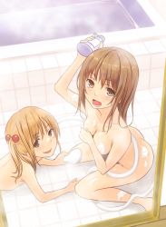 Rule 34 | &gt;:o, 2girls, :d, :o, angry, arm up, ass, back, bad id, bad pixiv id, bath, bathing, bathroom, bathtub, blonde hair, blush, bottle, breasts, brown eyes, brown hair, collarbone, covering breasts, covering privates, flat chest, foam, from above, from side, hair bobbles, hair ornament, holding, leaning forward, light brown hair, long hair, looking at viewer, lying, multiple girls, nude, nude cover, on stomach, open mouth, original, same-sex bathing, shared bathing, shouting, shower head, side ponytail, sitting, small breasts, smile, soap bubbles, steam, tile floor, tiles, v-shaped eyebrows, wariza, water, window, yoropa