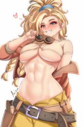 Rule 34 | 1girl, abs, anisdrawn, belt, belt buckle, black belt, blonde hair, blue eyes, blush, braid, breasts, brown jacket, buckle, commentary, cropped jacket, cropped torso, english commentary, freckles, gemma (monster hunter wilds), goggles, goggles around neck, grin, high ponytail, highres, jacket, large breasts, long hair, monster hunter (series), monster hunter wilds, navel, off shoulder, pants, smile, solo, thick eyebrows, underboob, white background, yellow pants