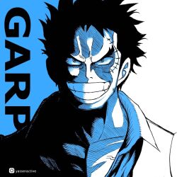 Rule 34 | 1boy, aged down, artist name, black hair, character name, looking at viewer, male focus, monkey d. garp, one piece, scar, scar on face, shirt, short hair, smile, solo, teeth, yasseractive