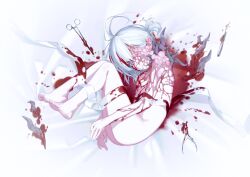 1girl bandages barefoot bleeding blood body_horror completely_nude expressionless fetal_position full_body highres horns looking_at_viewer mutation nude original pliers red_eyes ryuuforkaf scalpel solo surgical_scissors white_hair