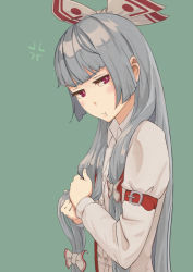 Rule 34 | 1girl, :t, anger vein, annoyed, bad id, bad pixiv id, bow, buckle, female focus, fujiwara no mokou, green background, hair bow, hime cut, holding, holding own hair, long hair, p no hito, pout, red eyes, silver hair, simple background, solo, standing, touhou
