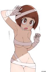 Rule 34 | 1girl, :o, arm up, armpits, artist name, blush, breasts, brown hair, cowboy shot, flat color, highres, kill la kill, large breasts, looking at viewer, mankanshoku mako, mummy costume, once 11h, open mouth, simple background, tagme, tareme, white background