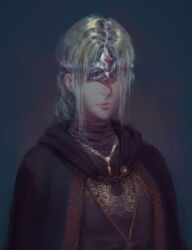 Rule 34 | 1girl, absurdres, blindfold, blonde hair, blue background, braid, cape, closed mouth, covered eyes, dark souls (series), dark souls iii, dress, facing viewer, fire keeper, highres, jewelry, keibleh, long hair, necklace, signature, solo, upper body