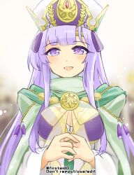 Rule 34 | 1girl, breasts, cape, circlet, cleavage, dress, facing viewer, fire emblem, fire emblem: genealogy of the holy war, fire emblem heroes, green cape, hat, jewelry, julia (fire emblem), julia (scion) (fire emblem), long hair, looking at viewer, medium breasts, nintendo, official alternate costume, open mouth, own hands together, purple eyes, purple hair, simple background, solo, yukia (firstaid0)