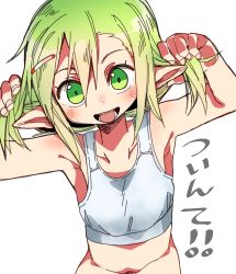 Rule 34 | 1girl, absurdres, blush, bra, female focus, green eyes, green hair, hair ornament, hairclip, highres, looking at viewer, navel, open mouth, original, pointy ears, sanzui, simple background, solo, tongue, tongue out, training bra, underwear, white background, zakuro (sanzui)