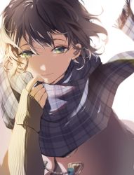 Rule 34 | 1girl, adjusting scarf, blue scarf, brown capelet, brown hair, capelet, closed mouth, commentary request, fringe trim, green eyes, hand up, long sleeves, looking at viewer, original, plaid, plaid scarf, sakuragi kei, scarf, short hair, simple background, sleeves past wrists, smile, solo, upper body, white background