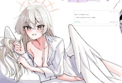 1girl alternate_costume angel_wings blue_archive collarbone feathered_wings halo low_wings nagisa_(blue_archive) naked_shirt pink_halo saboten_drowpic shirt solo translation_request white_shirt white_wings wings