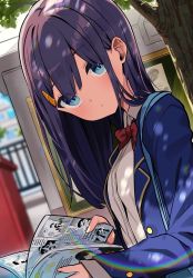 Rule 34 | 1girl, blue eyes, blue jacket, blurry, blurry background, blush, bow, bowtie, closed mouth, dappled sunlight, eyes visible through hair, female focus, gate, hair ornament, hairclip, highres, holding, jacket, long hair, looking at viewer, manga (object), motto notto, original, outdoors, purple hair, red bow, red bowtie, school uniform, solo, sunlight, thai text, tree