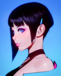 Rule 34 | 1girl, asymmetrical hair, bare shoulders, blue background, blue eyes, blunt bangs, close-up, closed mouth, cyber hunter, hair ornament, hairclip, highres, ilya kuvshinov, lips, looking at viewer, portrait, profile, short hair, solo, upper body, zero (cyber hunter)