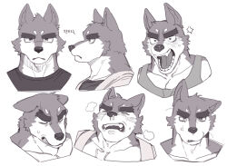 Rule 34 | 1boy, absurdres, angry, annoyed, bara, cropped shoulders, ear down, ears down, expression chart, frown, furry, furry male, greyscale, highres, huge eyebrows, looking at viewer, monochrome, original, profile, runny nose, sanpaku, short hair, shouting, sigh, snot, ttn (239 239)