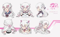 Rule 34 | 1girl, :d, black choker, bow, bowtie, braid, butterfly-shaped pupils, butterfly hair ornament, character name, character sheet, choker, commentary, drill hair, english commentary, expressions, flower, hair bow, hair flower, hair ornament, interstys: battle frontier, jewelry, kaze-hime, multiple views, open mouth, pendant, pink bow, pink eyes, portrait, profile, sailor collar, smile, symbol-shaped pupils, twin drills, white hair