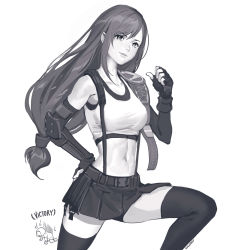 Rule 34 | 1girl, belt, breasts, final fantasy, final fantasy vii, fingerless gloves, gloves, greyscale, highres, large breasts, long hair, lucidsky, monochrome, navel, pointing, pointing at self, skirt, solo, thighhighs, tifa lockhart, very long hair