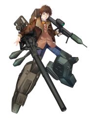 Rule 34 | 1boy, ammunition, badge, brown hair, brown jacket, brown vest, button badge, chain paradox, full body, goggles, goggles around neck, gun, high-explosive anti-tank (warhead), highres, holding, holding gun, holding weapon, jacket, kakizaka hachishika, kuga shunto, leather, leather jacket, male focus, mechanical legs, necktie, orange eyes, pants, panzerfaust, panzerfaust 3, plaid, plaid pants, recoilless gun, rocket-assisted projectile, rocket-propelled grenade, rocket (projectile), rocket launcher, short hair, solo, standing, striped necktie, transparent background, vest, weapon, weapon request